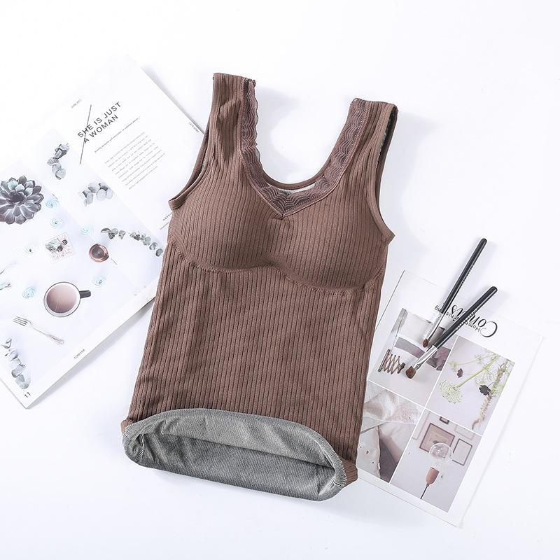 Сексуальная зимняя одежда, терможилет с подкладкой, женское бархатное теплое термобелье, тонкая бесшовная кружевная майка без рукавов с v-образным вырезом