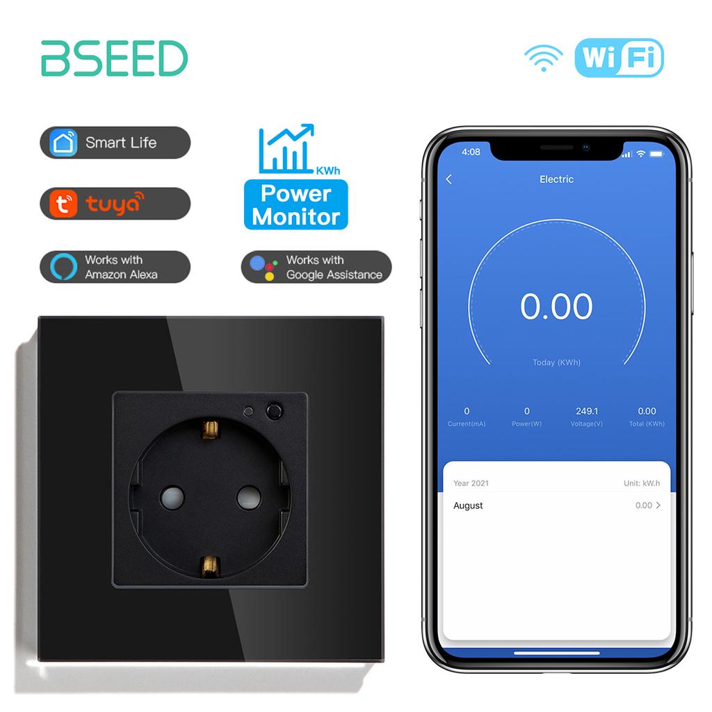 BSEED Wifi Sockets EU Wall Socket Smart Tuya Electric Sockets Power Monitor Google Smart Life Alexa Voice Control Glass Panel