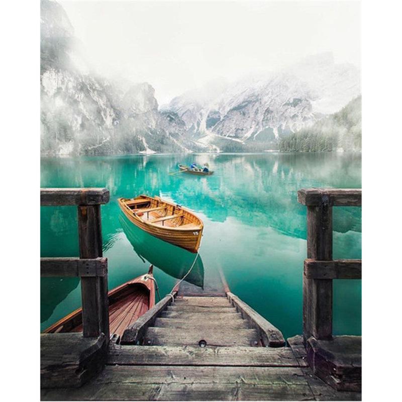 Full Round Drill DIY Diamond Painting Boat Full Round Drill Lake Scenery Embroidery Cross Stitch Home Decor Gift