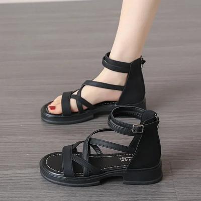 Модные босоножки 2024 года, черные туфли для женщин, летние туфли на каблуках, универсальные, новые, бежевые, удобные, пляжные, низкие, модные, для девочек, на плоской подошве, гладиаторы, прозрачные, кружевные