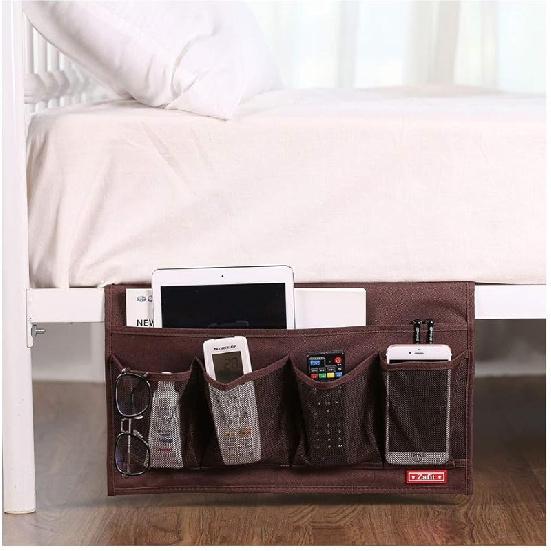 Bedside Storage Organizer, Table Cabinet Bedside Organizer Caddy for Remotes Phone Glasses (Classic 4 Pockets-Grey)