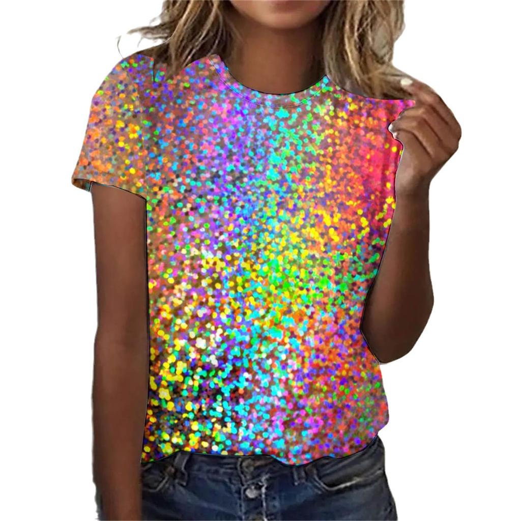 Летний круглый вырез 3D красочные цвета принтованный топ модные повседневные короткие рукава женские футболки