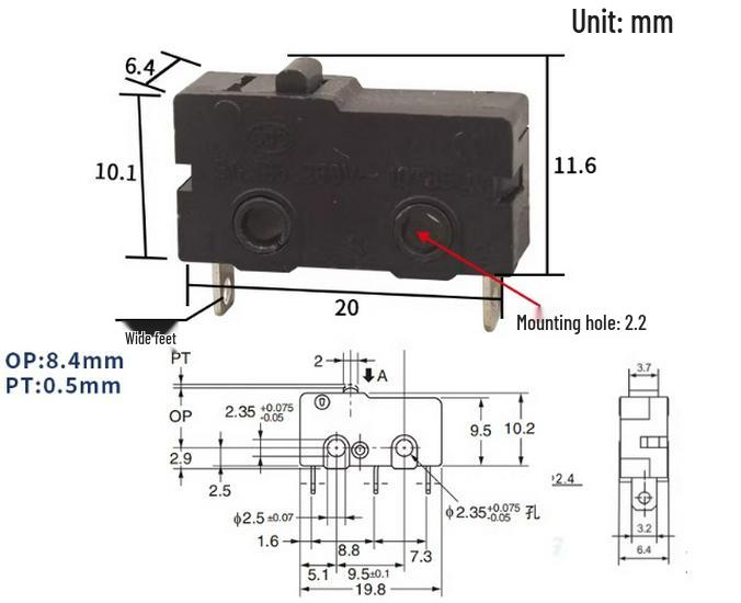 KW12 Micro Tripod Lever Switch, 5A/250V, KW11-3Z, Travel Limit Contact Button.