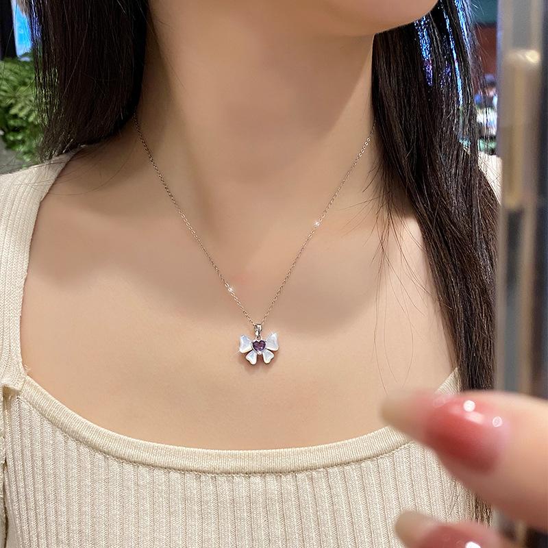 Bowknot Heart Crystal Necklace 925 Sterling Silver Dainty Pendant Trendy Jewelry Gift for Women Daily Wear Elegant Charm Necklace for Girlfriend