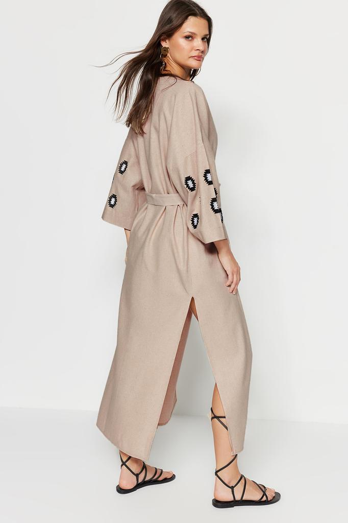 Women's Fashion New Kimono&Kaftan Beige Belted Maxi Woven Embroidered Linen Blended 100% Cotton KimonoKaftan