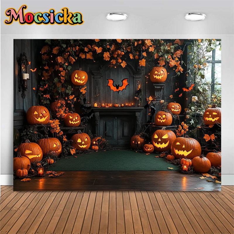 Mocsicka Хэллоуин Фон для Фотографии Ужасная Тыква Вечеринка Фон Летучая Мышь Цветок Тыква-Фонарь Домашние Украшения Баннер