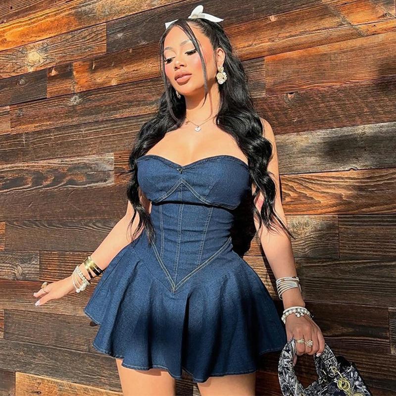Сексуальное джинсовое платье-топ с открытой спиной, женское облегающее платье с высокой талией в стиле пэчворк, мини-плиссированные платья, горячие девушки, уличные облегающие синие джинсовые платья с открытыми плечами Femme