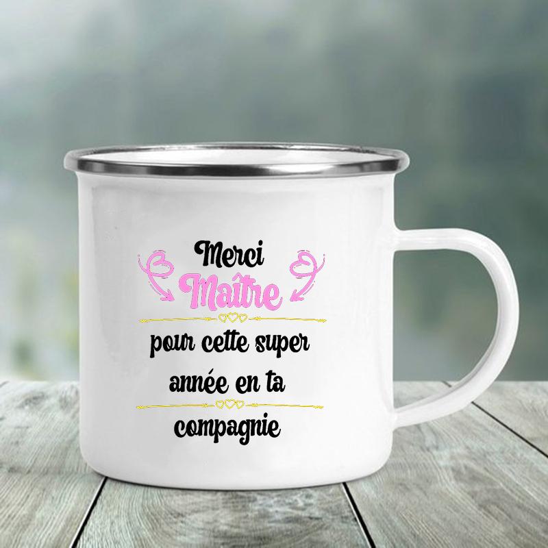 Enamel Mug Merci Maître Print Mugs Creative Coffee Cups Drinks Water Milk Tea Cup School Home Handle Drinkware Best Teacher Gift