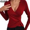 Women's Fashion Casual Spring Fall Solid Color Print Long Sleeve V-Neck Blouses & Shirts