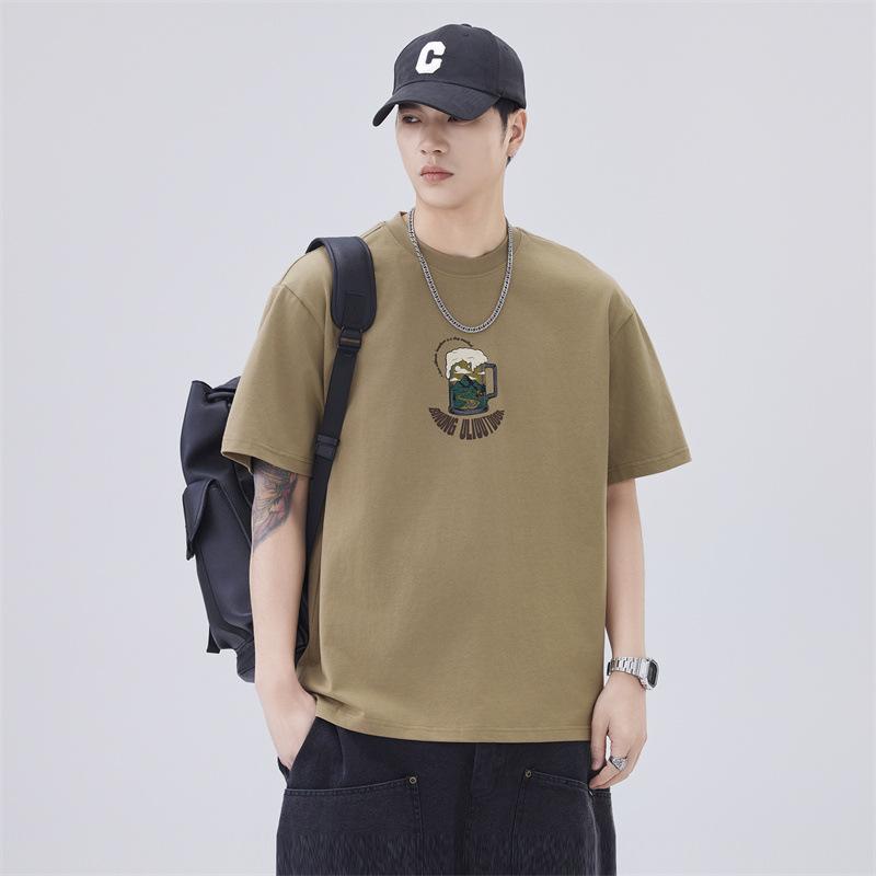 New Summer Short-sleeved Men's T-padded Heavy Print Loose Shoulder-down Round Neck T-shirt Short-sleeved
