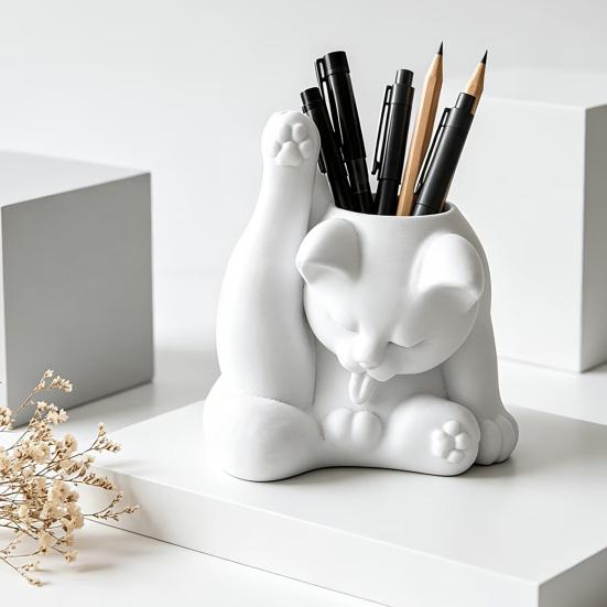 jijijing Cat Pen Holder, Cute Resin Desk Organizer, Funny Figurine, Decorative Storage Statue for Office Supplies, Creative Desktop Home Decor