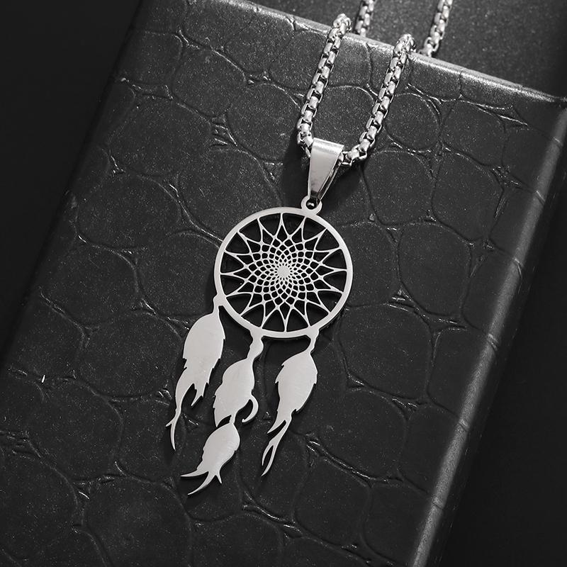 Stainless Steel Tassel Long Dream Catcher Pendant Necklace Fashion Women Retro Bohemian Ethnic Style Lucky Jewelry