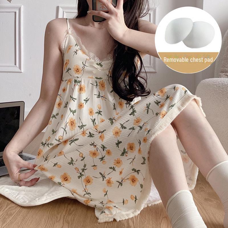 Летняя ночная рубашка с цветочным принтом и нагрудными подушечками - Милая, свободная, средней длины пижама