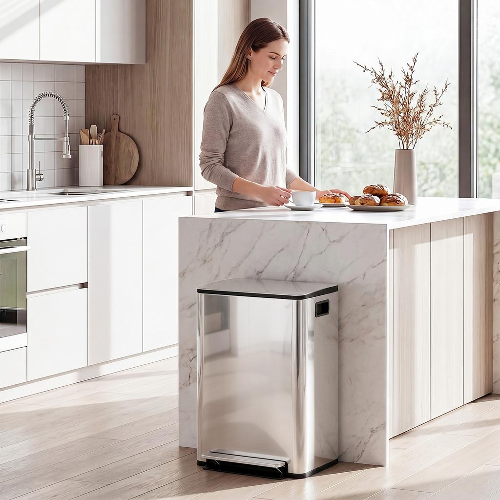 60L Dual Compartment Stainless Steel Bin, with Deodoriser Holders - Silver Tone