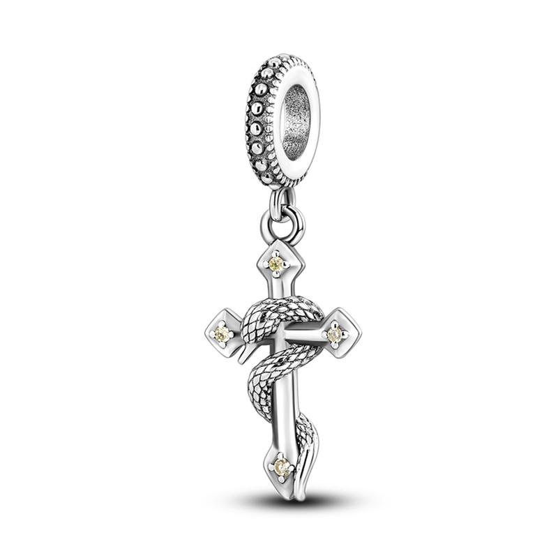 Cross Charms Fit Fashion Original Bracelets 925 Silver Pave Zircon Bible Bead Religion Holy Angel Safety Chain Charm DIY Jewelry