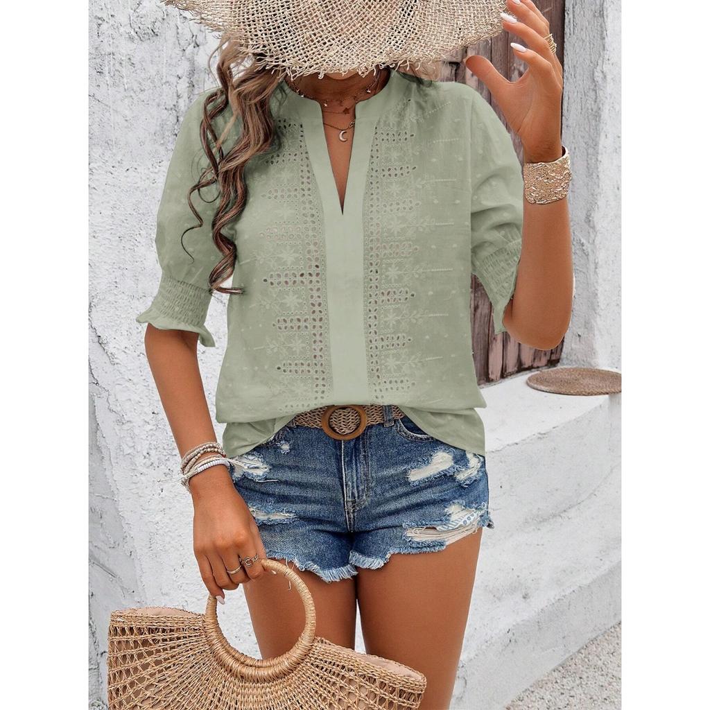 GMXIA Spring Summer V-neck Bubble Sleeve Hollow Sleeve Hairball Lace T-shirt Top Woman