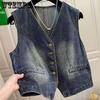 Женский джинсовый жилет в стиле ретро в Гонконге, жилет без рукавов с V-образным вырезом на весну и осень