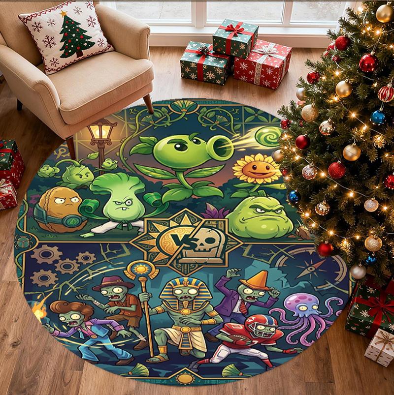 Plants VS Zombies Pattern Round Rug, Indoor/Outdoor Mat, for Picnic, Gameroom, Bedroom, Office, Living Room, Home Decor Carpet, Birthday Gift