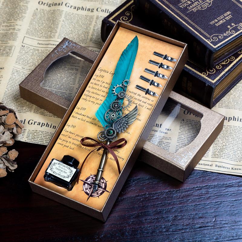 Retro Mechanical Calligraphy Feather Pen and Ink Set Glittering Quill Pen with Antique Dip Pen Metal Calligraphy Set with Ink