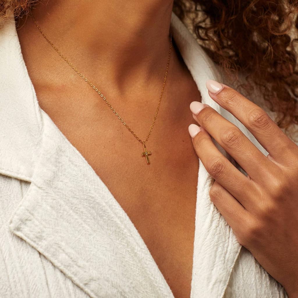 Женское ожерелье с двойным крестом, 18-каратное ожерелье, позолоченное циркониевое ожерелье, круглое ожерелье из бисера