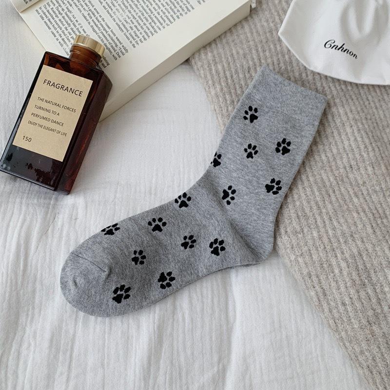 Женские хлопковые носки с мультяшным рисунком и принтом кошачьей лапки, модные носки до середины икры, школьный стиль, универсальные и простые носки с собачьей лапкой
