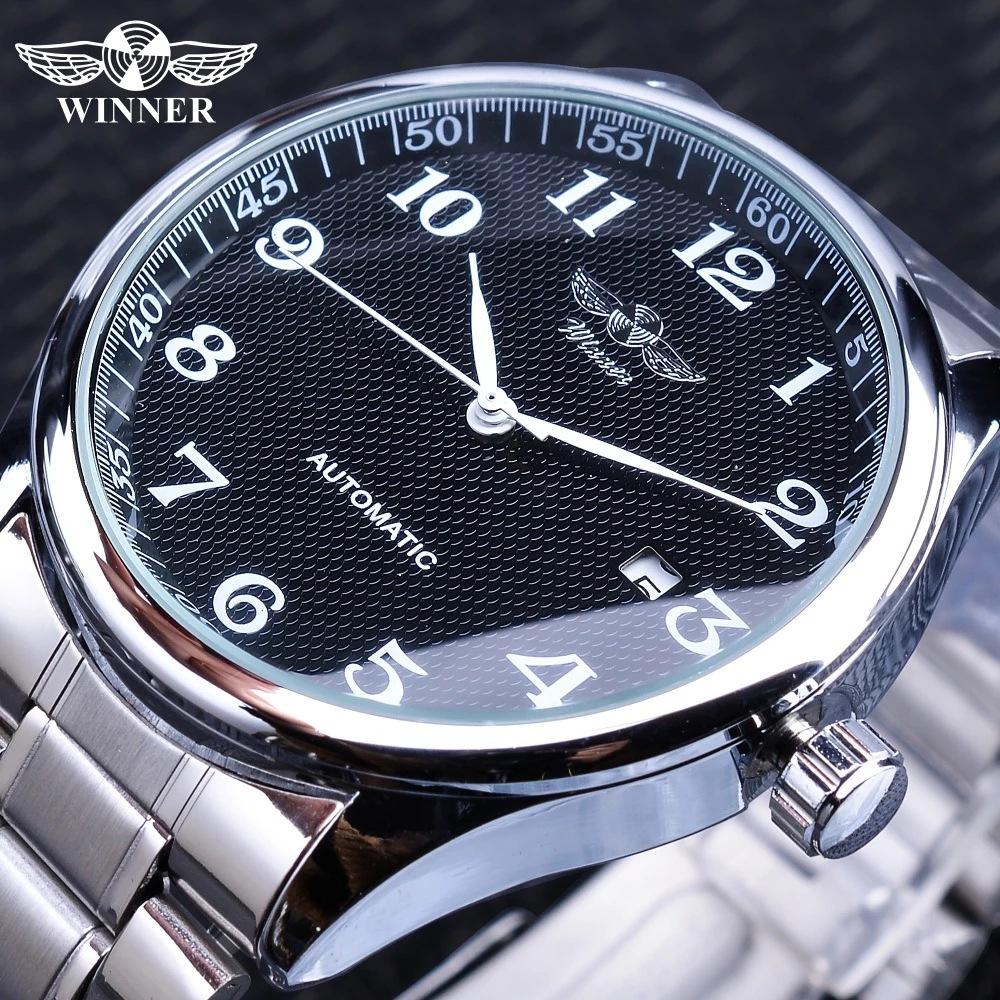 Winner New Top Men's Watch Simple Fashion Men's Automatic Mechanical Strap Calendar Silver Stainless Steel Strap PU Strap