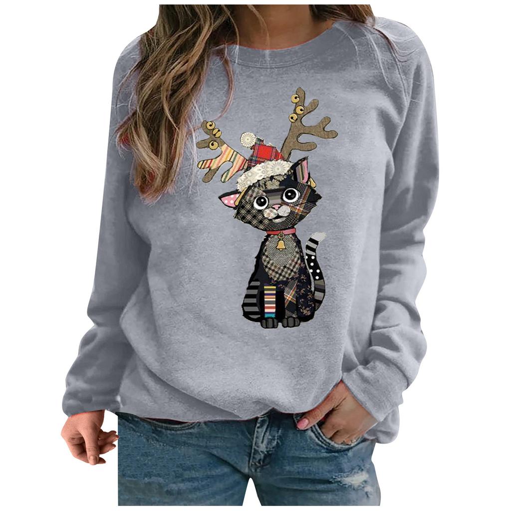Women's Cat Print Sweater Long Sleeve Top wTWomen's Clothing