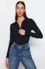 Women's Fashion New Body Black Zipper Collar Detailed Stretchy Knitted Body with Snap Fasteners