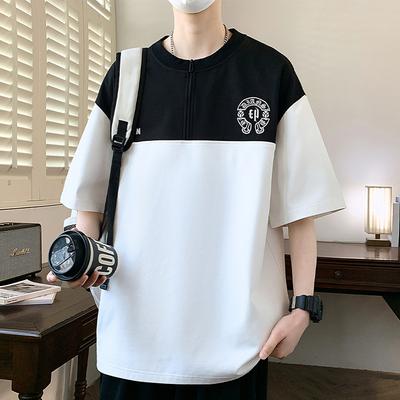 Мужская летняя футболка с коротким рукавом, вышитым принтом, в стиле ретро, контрастная, свободного кроя, с рукавом до локтя и застежкой-молнией