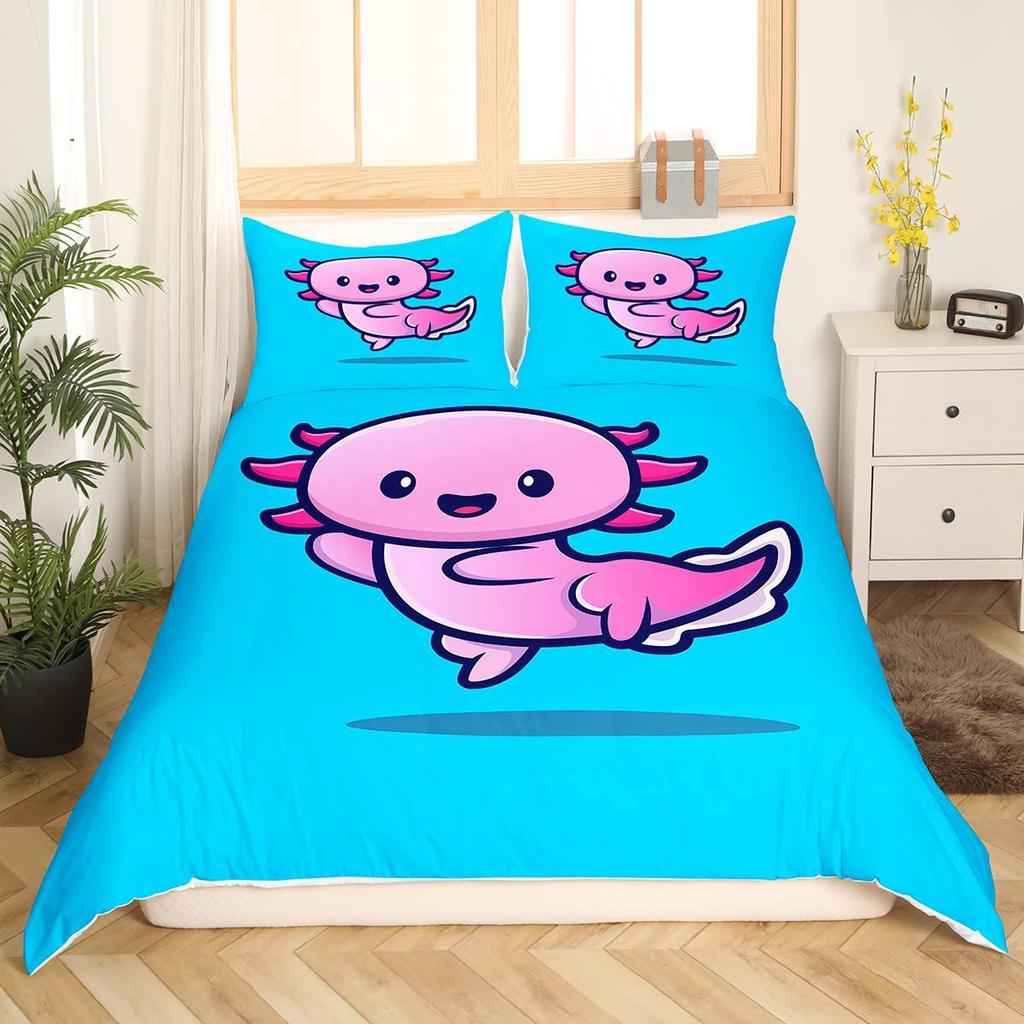 Мультяшный аксолотль Комплект пододеяльника King/Queen Size Детский Для девочек Мальчиков Милый Радужный Морская дикая природа Животное Рептилия Комплект постельного белья