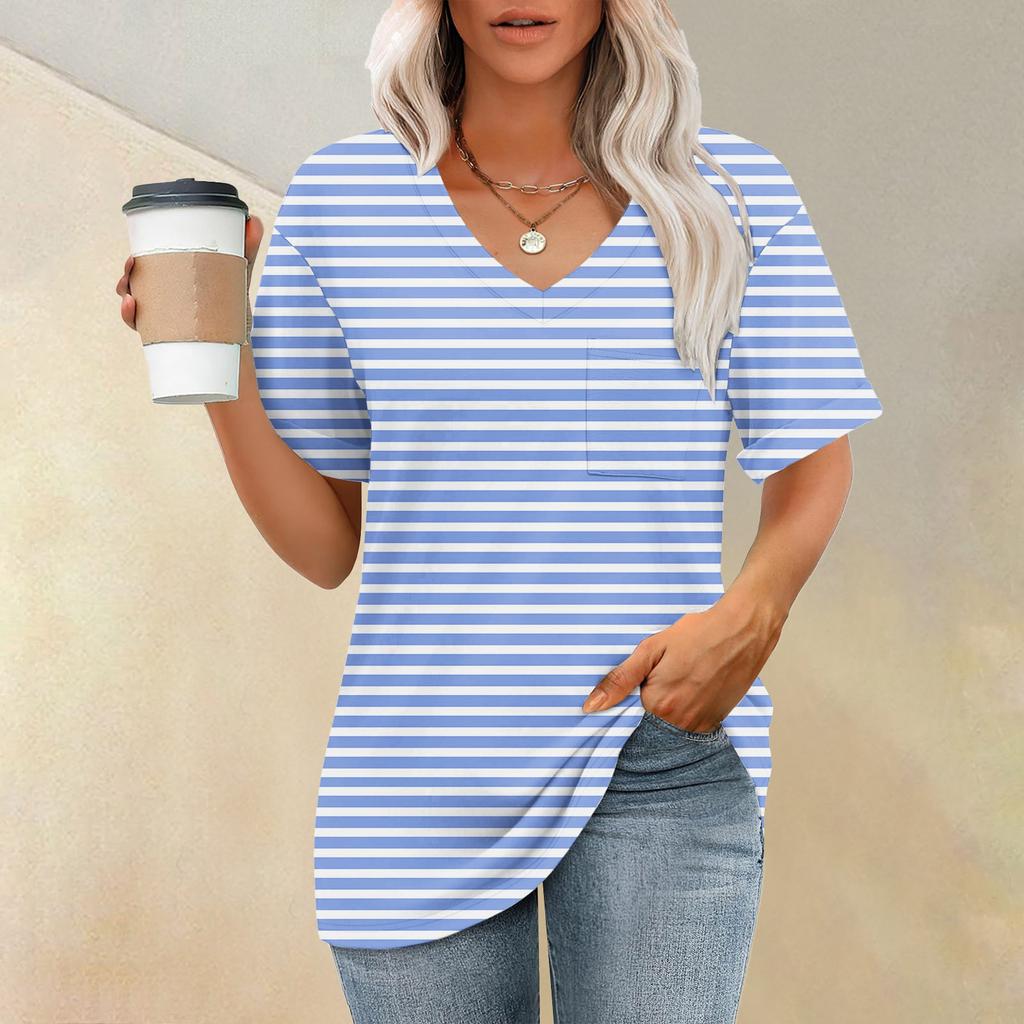 Модный топ с карманом, V-образным вырезом, коротким рукавом, полосатым принтом, футболка