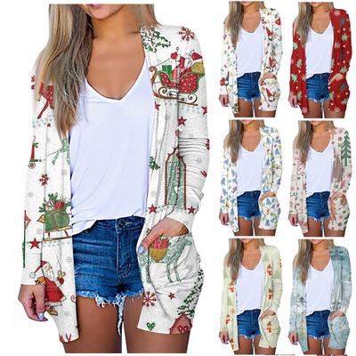 Женский повседневный кардиган средней длины с цветочным рождественским принтом