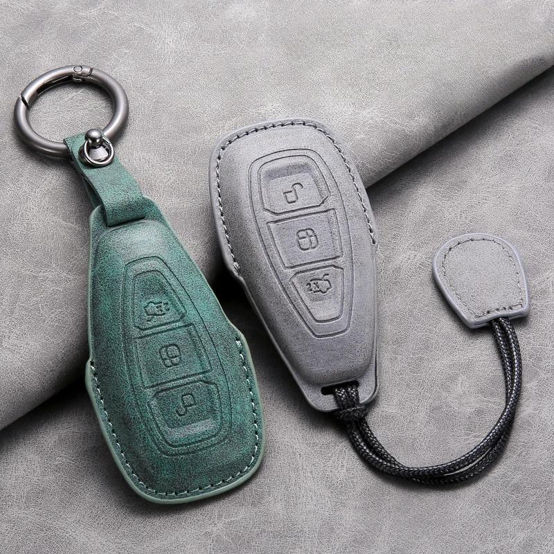 Leather Car Remote Key Case Cover for Ford Focus 3 4 ST Mondeo MK3 MK4 Fiesta Fusion Kuga Ecosport Protect Key Fob Keychain