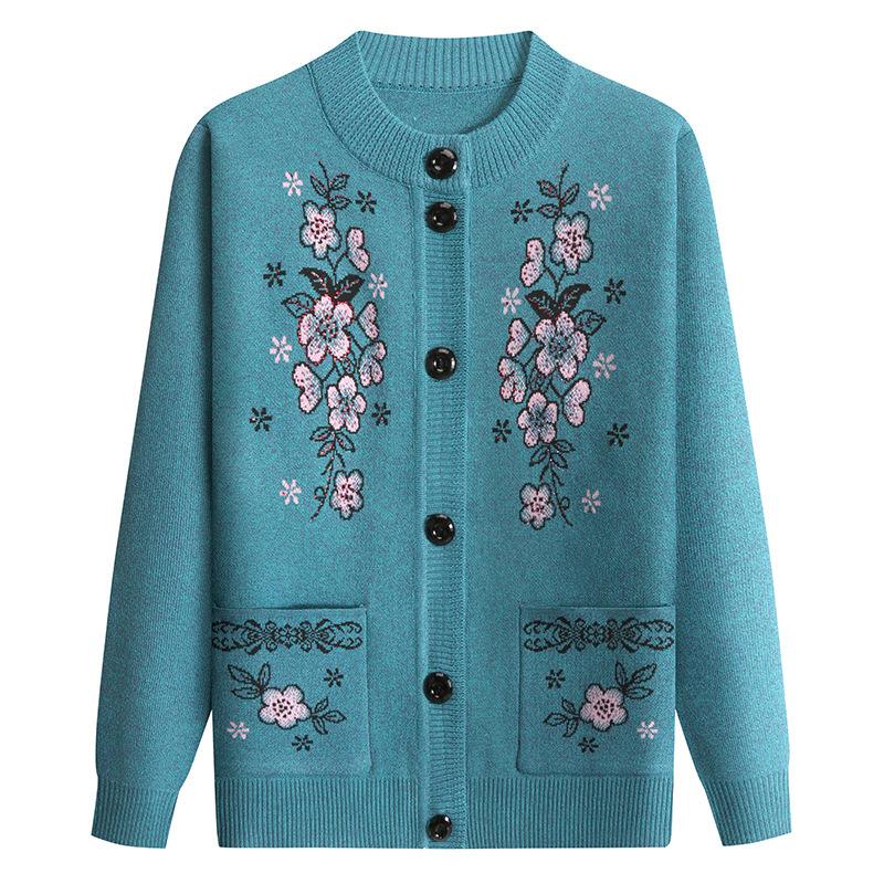 Spring and Autumn Fashion Mother's Wear Flower Embroidered Knit Sweater Temperament Elegant Elderly Clothes