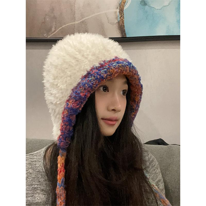 Plush ear protection bag head hat women's wool knitted hat mixed color drawstring warm casual cold hat
