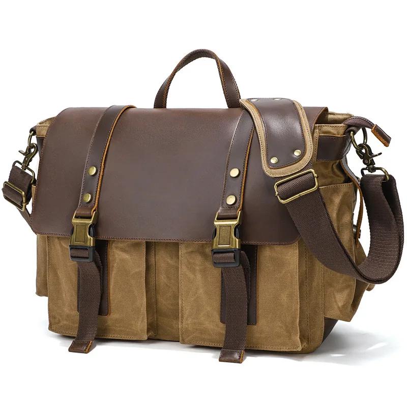 Vintage Leather Canvas Women's Men's Messenger Bag - Crossbody Shoulder Sling Casual Bag
