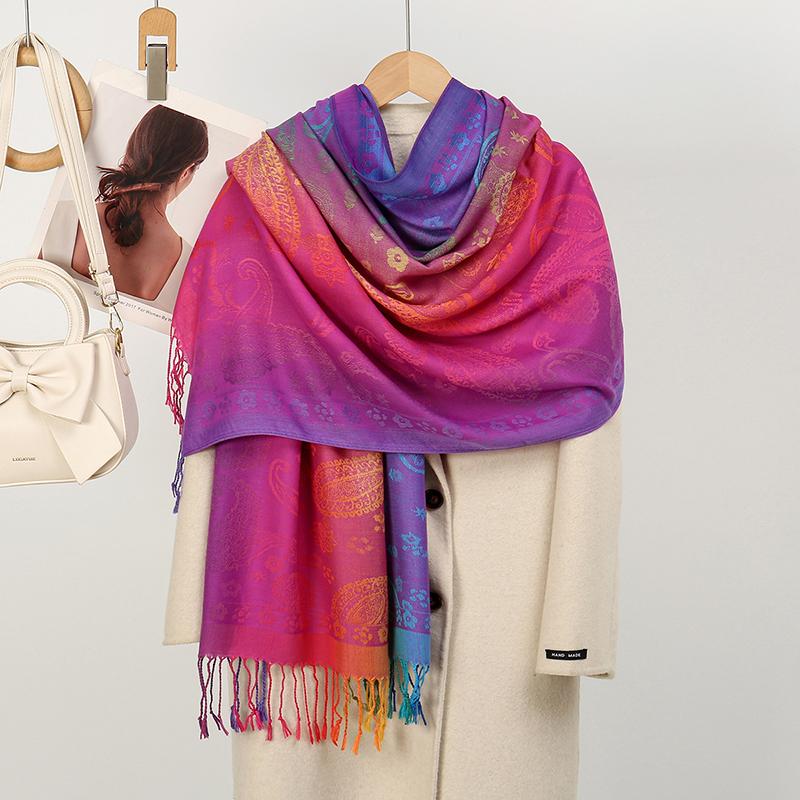 Boho Elegant Jacquard Pashmina Imitation Cashmere Scarf Winter Thick Warm Rainbow Color Shawl Wrap Coldproof Blanket Scarf Stole