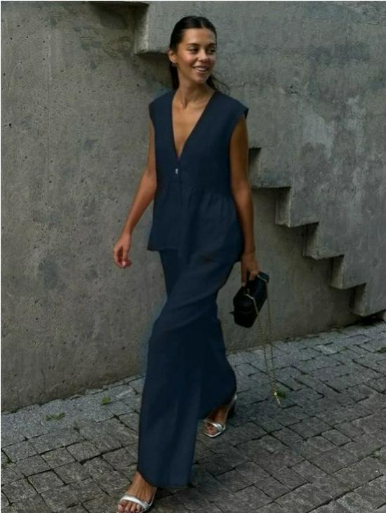 2025 Women's Solid Color Cotton V-neck Sleeveless Top & Long Pants Two-Piece Set – European and American Style