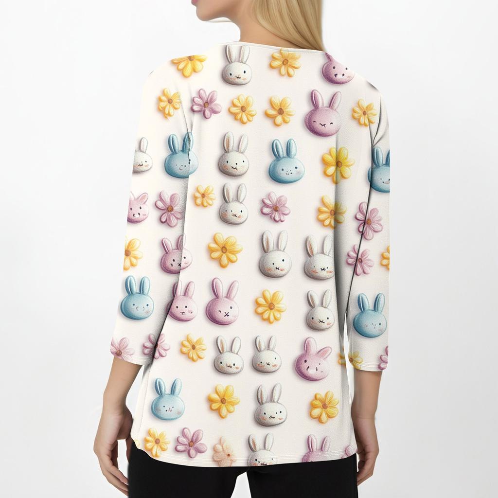 Жен. Футболка Футболка С принтом Пуговицы Рукав 3/4 Повседневные Выходные Мода Классический V-образный вырез Обычный Топ