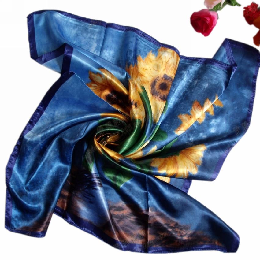 2015 Square Polyester Silk Scarf New Sunflower Pattern 90*90cm Ladies' Satin Sqaure Scarves Printed New Style Women Headscarf