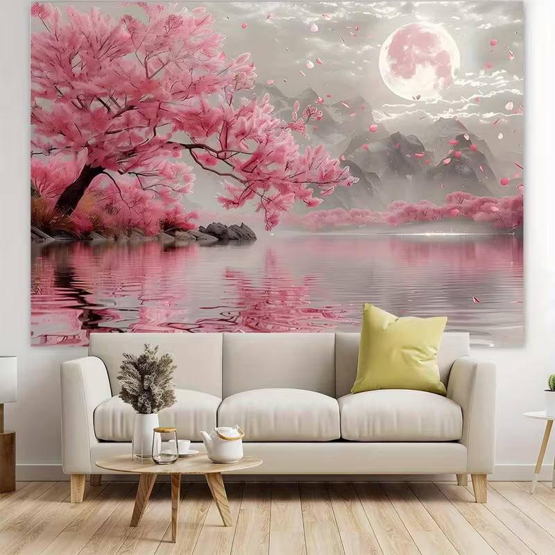 2D Monochrome Grey Tone Pink Sakura and Moon Landscape