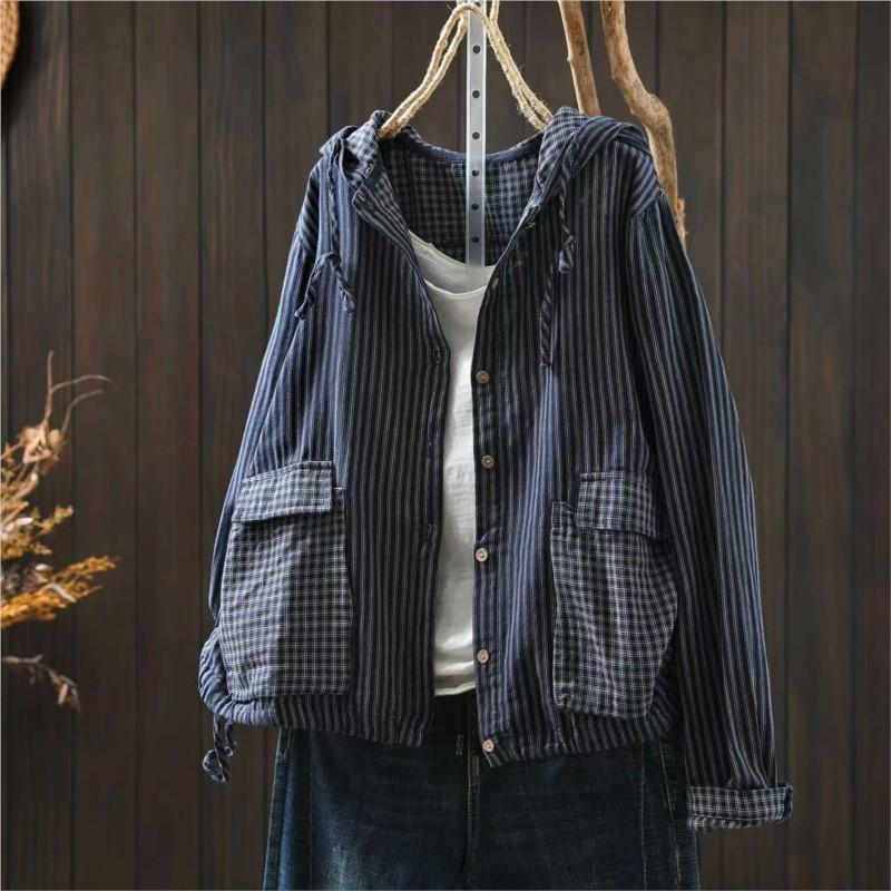 Johnature Women Vintage Hooded Shirts Striped Long Sleeve Patchwork Pockets Autumn Casual Female Blouses