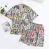 Summer Ladies 100% Viscose Pajamas Short Sleeve Shorts Two Piece Floral V-Neck Thin Loose Women's Homewear Set Sleepwear