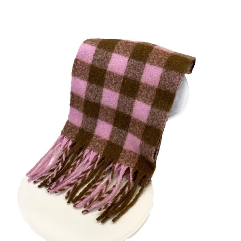Korean Style Plaid Scarf for Women Mohair Soft Thickened Warm Soft Girl Tassel Versatile Small Version Trendy Scarf for Men