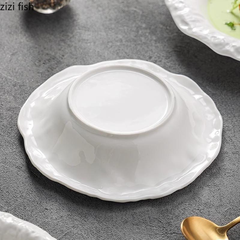 Creative Stone Pattern Edge Ceramic Plate Pure White Salad Plate Dessert Plate Thick Soup Plates Deep Plates Hotel Tableware