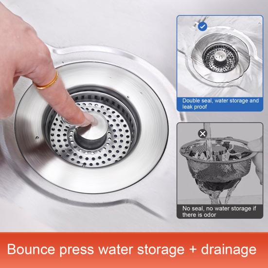 Stainless Steel Kitchen Sink Filter 3-in-1 Design Odor Blocking Anti-Clog Universal Fit Fruit Vegetable Sink Strainer