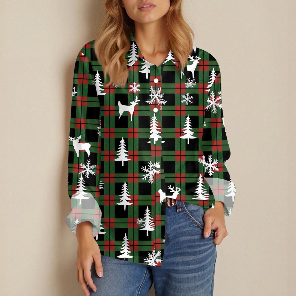 Women's Shirt Blouse Christmas Print Button Long Sleeve Casual Basic Shirt Collar Regular Top