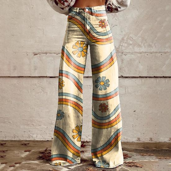 Women Casual Trousers Colorful 3D Floral Printing Flared Leg High Waist Plus Size Jeans Button Zipper Closure with Pockets Lojng Pants for Dating