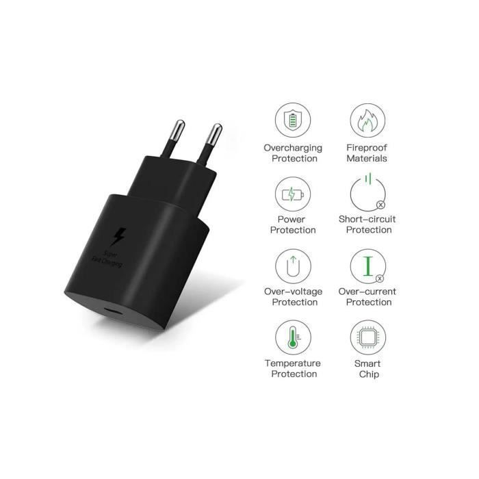 Chargeur Rapide 25W - ZISONIX - USB-C - Compatible Samsung S22/S21/S20 - Câble 1M - Noir