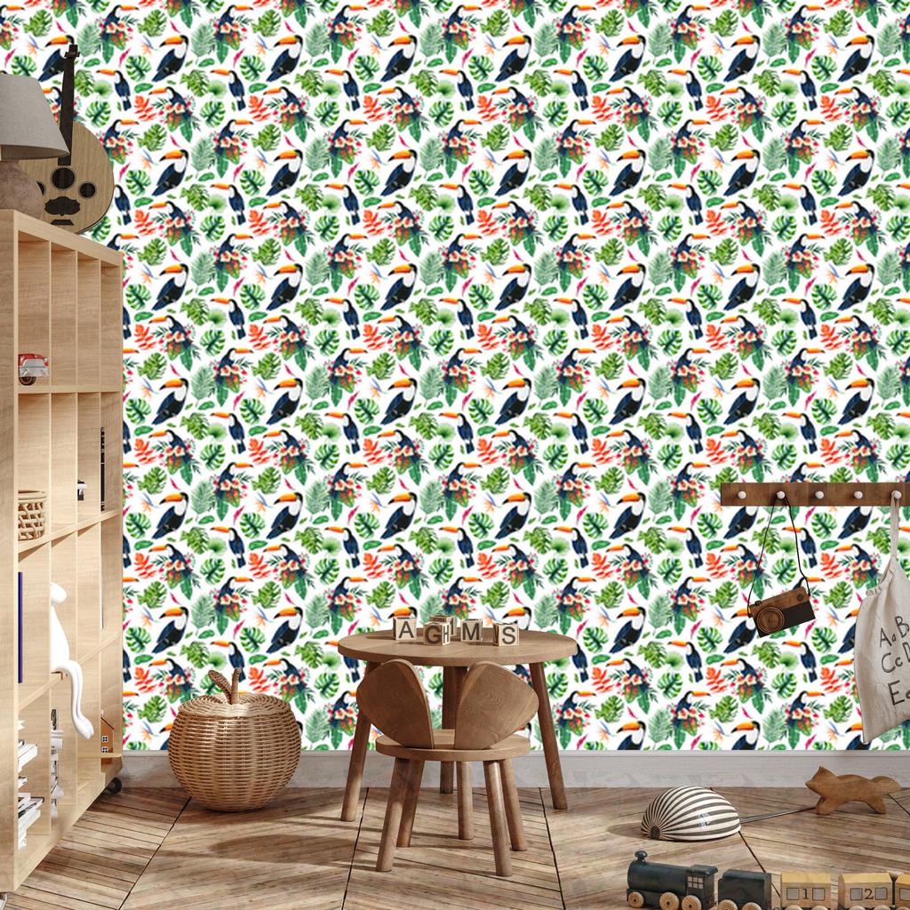 Toucans Wallpaper Green and White for Living Room and Bedroom 50x1000